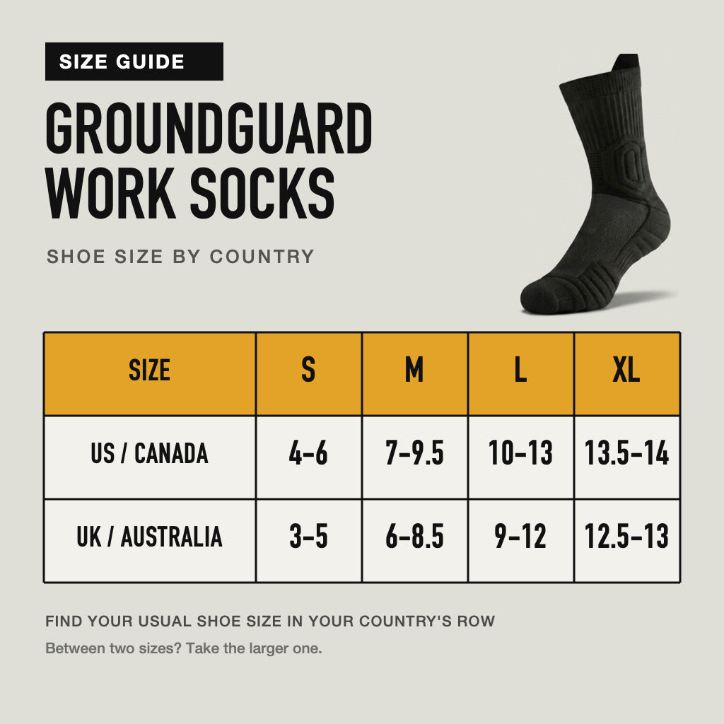 GroundGuard work socks size guide